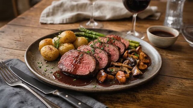 Gourmet steak with roasted potatoes and saut&eacute;ed mushrooms served in elegant restaurant setting, highlighting fine dining presentation and rich culinary flavors.