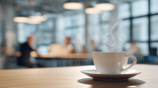 Steaming coffee mug on conference room table, representing a warm beverage break during an important office meeting, enhancing focus and productivity in a corporate workspace, copy space