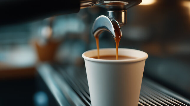 Espresso machine brewing fresh coffee into a white paper cup, showing a stream of dark liquid creating a rich crema, symbolizing morning energy and a quick coffee break ritual, copy space