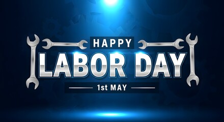 Happy labor day celebration with tools and blue background