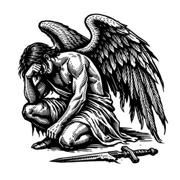 A poignant black and white woodcut depicts a powerful yet heartbroken winged warrior, head in hand, kneeling beside his discarded sword, embodying profound sorrow, defeat, and existential contemplatio