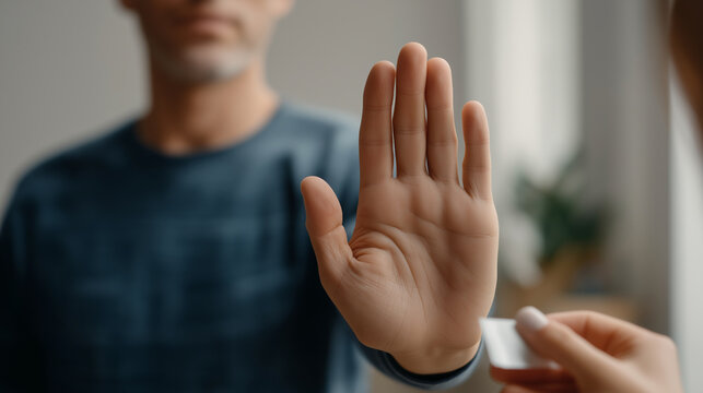 Person refusing nicotine patch or drug, showing determination and willpower to quit addiction, making a health choice for a substance free life