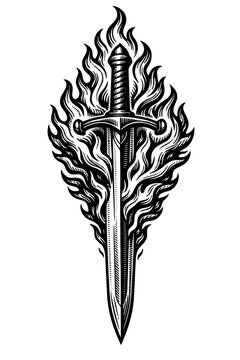 Striking black and white woodcut illustration of a medieval sword engulfed in stylized flames. This vintage engraving is perfect for bold tattoo designs, fantasy artwork, mythical emblems, and symboli