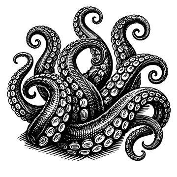 Dynamic Black & White Engraved Octopus Tentacles Art. Intricate Vintage Illustration of Swirling Marine Arms, Detailed Suction Cups. Evokes Kraken Legends & Deep Sea Mystery. Ideal for Nautical Decor,