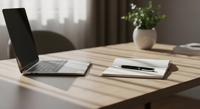Title workspace setup with laptop notebook and pen description a minimalist workspace featuring a laptop open notebook pen and a