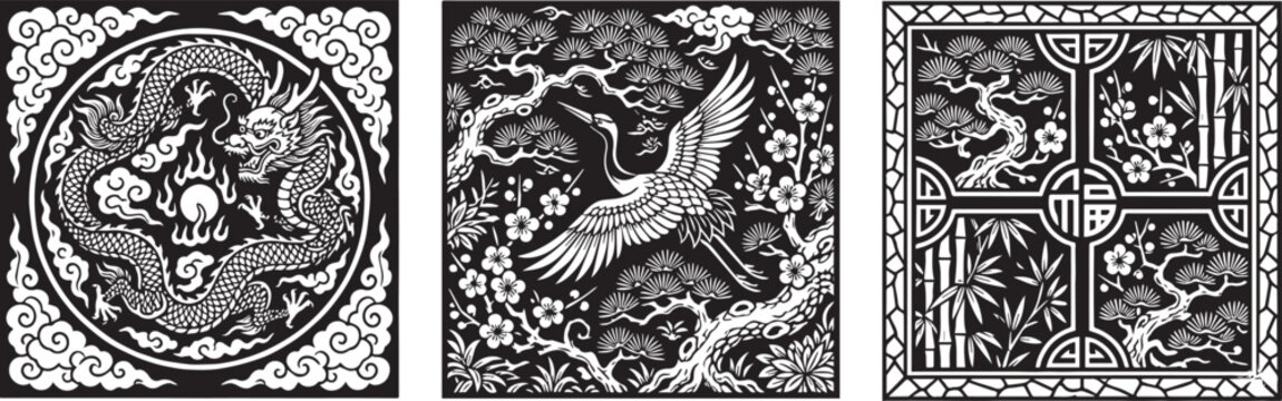 Set of Traditional Chinese Black and White Vector Borders with Dragon Crane and bamboo Patterns