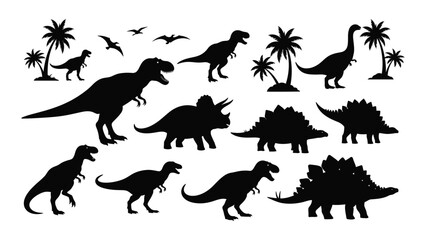 A collection of prehistoric dinosaurs and tropical palm trees are depicted in stark black silhouettes high quality professional detailed modern elegant © JASMIN