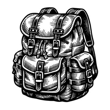 Vintage hiking backpack illustration in classic woodcut style. Black and white engraving of a retro rucksack with straps and buckles. Ideal for outdoor adventure, camping, travel, exploration. Appeals