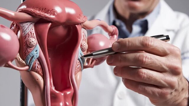 Doctor pointing to a detailed anatomical model of the female reproductive system, including uterus, ovaries, and fallopian tubes.