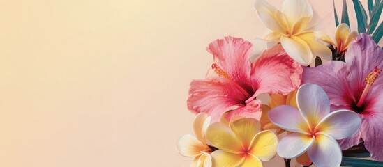 Fototapeta premium Colorful tropical flowers like hibiscus and plumeria on a soft pastel background, bright summer colors, high resolution, minimalistic composition