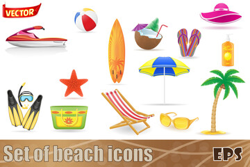 Naklejka premium set of beach icons and accessories vector illustration isolated on white background