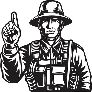 Determined military soldier in combat gear and helmet pointing an index finger skyward