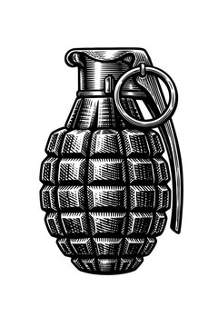Detailed black and white woodcut illustration of a vintage fragmentation hand grenade, featuring a classic 'pineapple' textured body, safety pin, and lever. This intricate etching style artwork captur