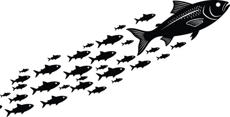 Obraz premium School of fish silhouette forming large fish shape, black vector illustration isolated on white background, marine life concept, ocean wildlife design element