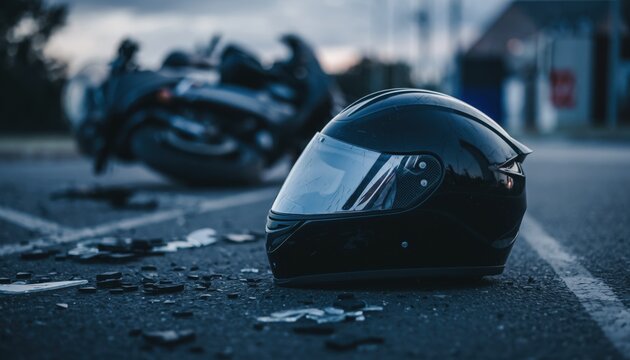Motorcycle accident scene with helmet on the ground and damaged bike in the background during evening hours