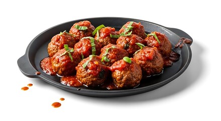 Fototapeta premium Black cast iron oval pan contains saucy meatballs