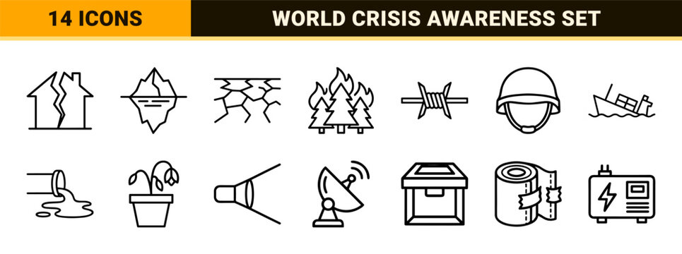 Minimalist monoline global crisis line art symbols featuring climate change, natural disasters, and humanitarian emergency response elements.