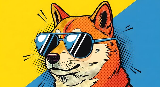Vibrant pop art portrait of a Shiba Inu dog wearing stylish sunglasses against a colorful yellow and blue background.