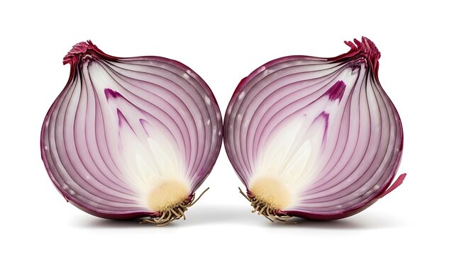 Two red onion halves arranged symmetrically on a plain white background