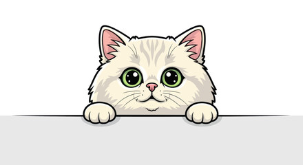 Cute cartoon cat peeking over a blank white banner with big green eyes © Kartu