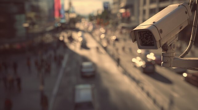 Detailed shot of a street surveillance camera overlooking a busy city street, cars and pedestrians moving below, daytime with soft shadows, cinematic