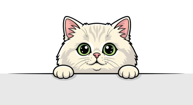 Cute cartoon cat peeking over a blank white banner with big green eyes