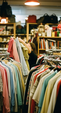 Woman browses through racks of colorful clothing in a well-stocked second-hand store.
