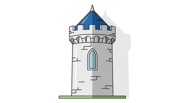 An illustration of a medieval castle tower with a blue roof and stone walls stands alone.
