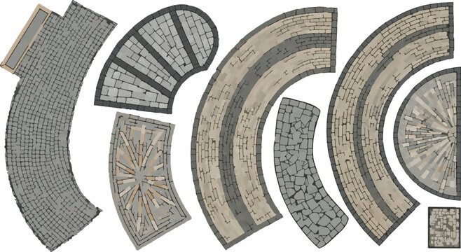 Cobblestone pavement vector set, stone street texture elements, grey granite paving patterns for architectural landscaping and urban design