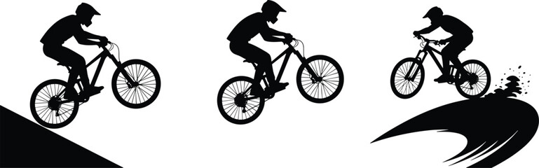 Fototapeta premium Mountain biking action sequence silhouette cyclist jumping downhill extreme sport black illustration design