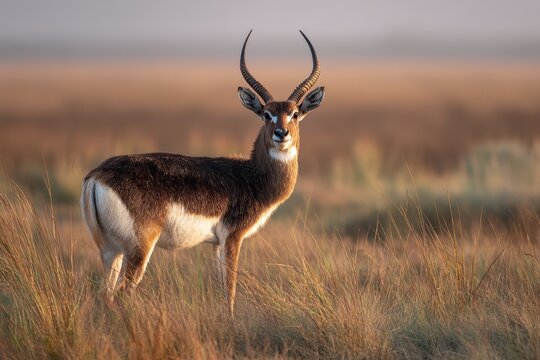 Elegant black buck standing in wind-swept grasslands under a blue sky