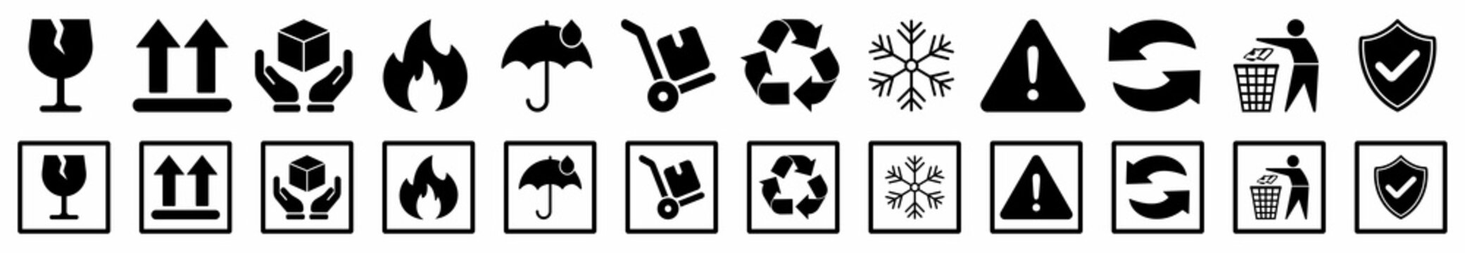 Set of packaging handling symbols including fragile glass, arrows up, handle with care, fire, umbrella, recycle, warning, snowflake, trash, and shield icons used for shipping labels.