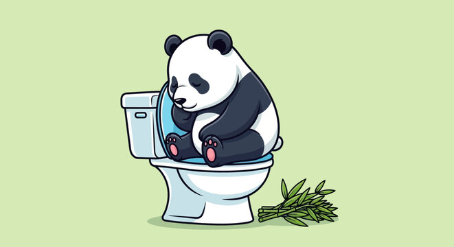 A panda bear sits on a toilet with a plant beside it looking stressed.