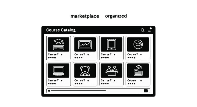 Online course catalog interface mockup with various educational icons.