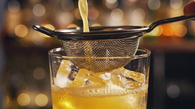 Close up on craft of mixology . Professional bartender pouring refreshing drink through cocktail strainer in sophisticated bar