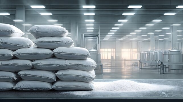 Flour packaging stacks in industrial warehouse.