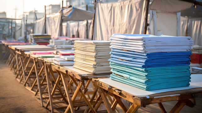 Folded fabric stacks on wooden table in outdoor.