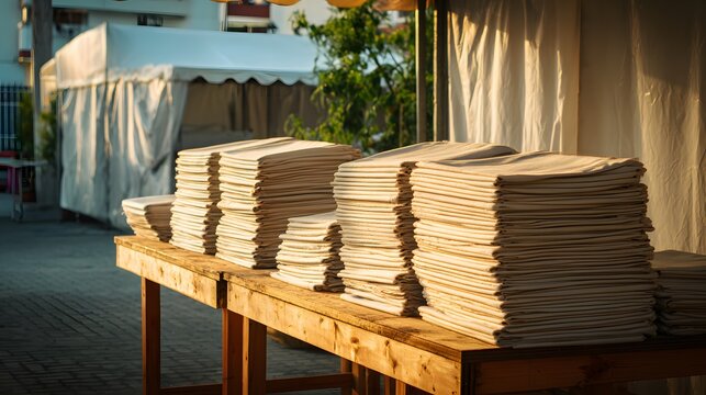 Folded fabric stacks on wooden table in outdoor.