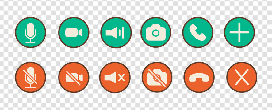 Retro 90s phone call interface icons for mobile communication. Concept of digital conversation, notification alerts, audio video chat, and vintage technology. Flat colored outline vector illustration.