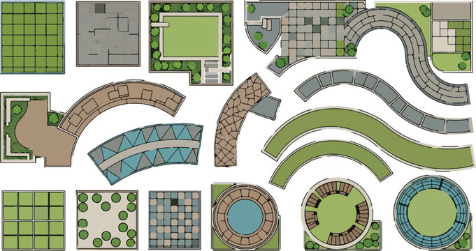 Landscape architecture plan symbols, 16 vector garden design elements, top view site map icons for urban planning and backyard landscaping projects