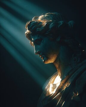 Sacred statue half-lit by soft golden beam of light coming from above creating divine atmosphere