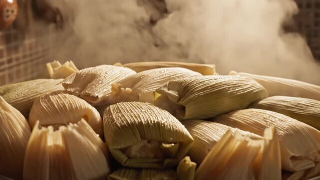 A large pot filled with steaming masa parcels wrapped in corn husks, creating a warm and inviting culinary scene