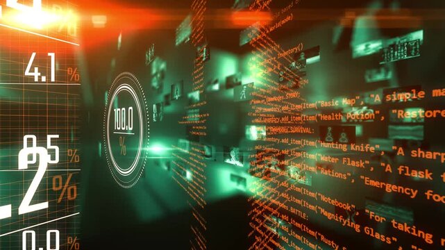 Green collage with tech themed and orange coding walls rotating. High technology video animation