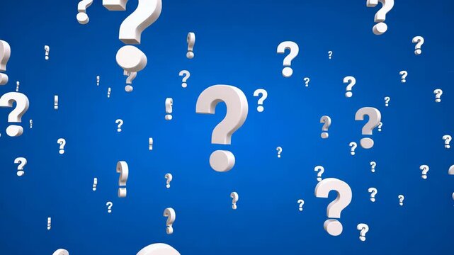 Multiple white question marks floating in blue sky background for concept of confusion or answers