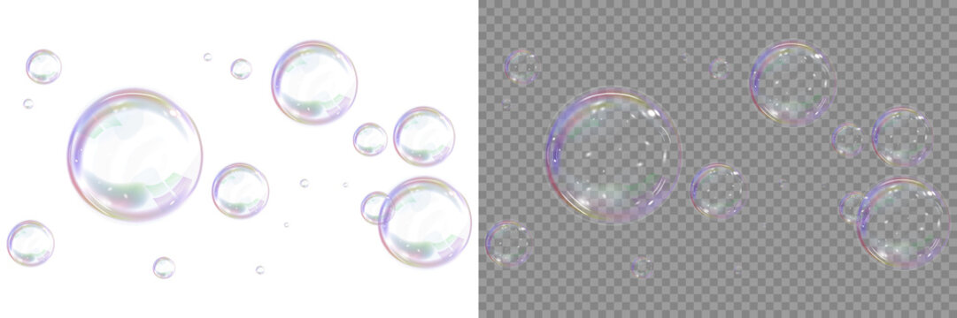 Realistic soap bubbles with rainbow reflection set. Isolated transparent bubble overlay for creative design projects and visual storytelling elements with light refraction.