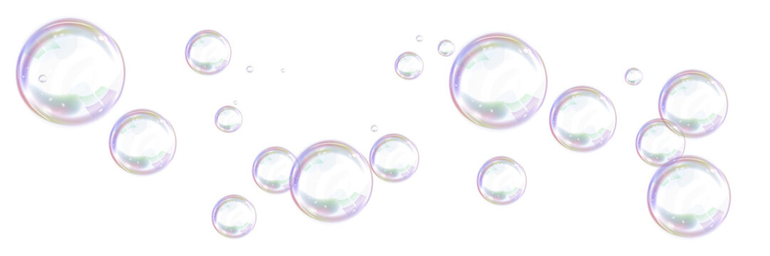 PNG realistic soap bubble with glare and foam bubbles for detergent branding. Vector image of soap bubbles on transparent background for professional creative projects.