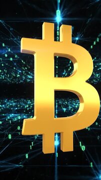 A golden digital currency symbol is displayed against a background of glowing binary code and abstract network connections, representing financial