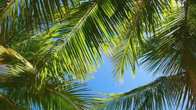 Palm leaves on a bright island form a fresh green pattern under a blue sky, showing a summer nature scene from below.