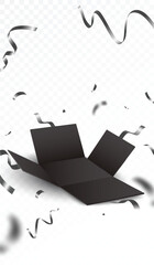 New Opening Black gift boxes with shiny silver confetti and ribbons