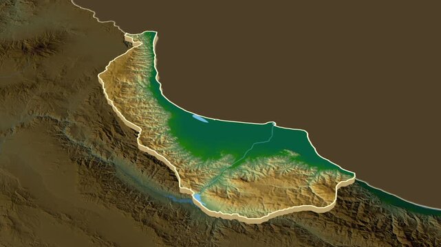 Gilan province, extrusion on physical map - inset map with province location in Iran